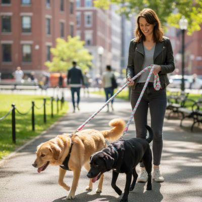 Femme en ville promenant un Golden Retriever et un Labrador noir avec une longe pour chien rose.