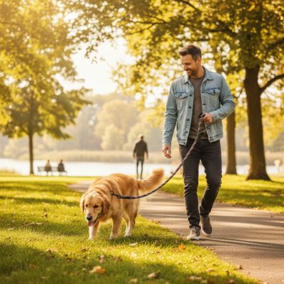 Homme en veste en jean utilisant une longe pour chien avec son Golden Retriever près d'un lac.