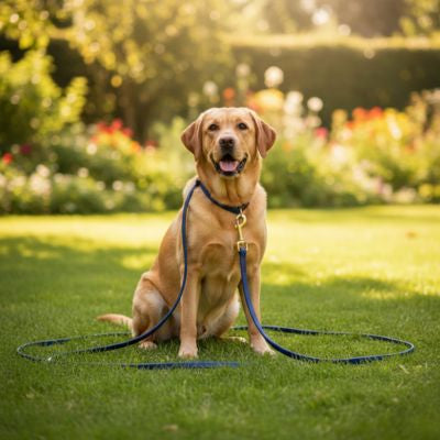 Labrador de couleur sable portant une longe pour chien bleue dans un jardin fleuri.