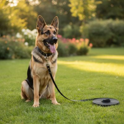 Berger Allemand assis sur l'herbe avec une longe pour chien noire enroulée au sol.