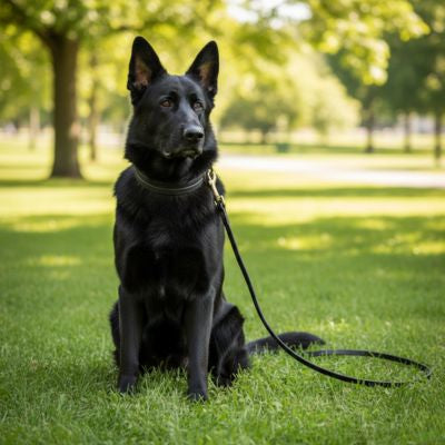 Berger Allemand noir assis sur la pelouse avec une longe pour chien noire classique.