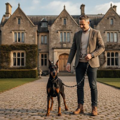 Longe pour chien noire réfléchissante tenue par un homme élégant avec son Doberman.