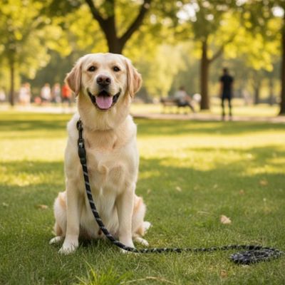 Longe pour chien noire en corde robuste portée par un Labrador assis dans un parc.