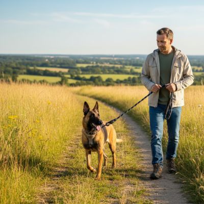 Longe pour chien noire tenue par un homme en randonnée avec son Malinois à la campagne.