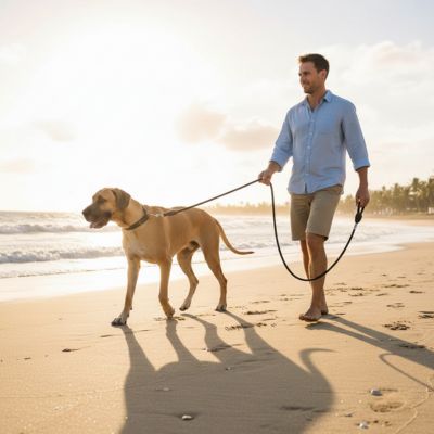 Homme marchant sur la plage avec un Grand Danois et une longe pour chien noire.
