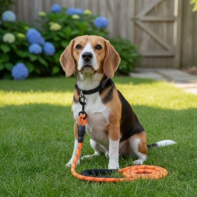 Longe pour chien orange avec poignée noire au sol portée par un Beagle dans un jardin.