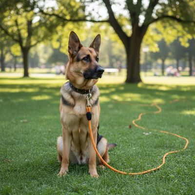 Berger Allemand au parc attaché à une longe pour chien orange visible au sol.