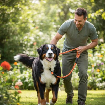 Longe pour chien orange tenue par un homme marchant avec son Bouvier Bernois dans un jardin.