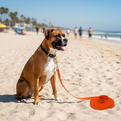 Boxer assis sur le sable d'une plage avec une longe pour chien orange.