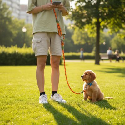 Chiot Golden Retriever assis dans l'herbe attaché par une longe pour chien orange.