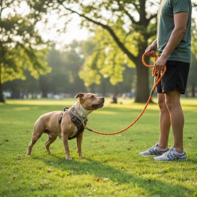 Chien American Pitbull Terrier avec harnais attaché à une longe pour chien orange fluo au parc.