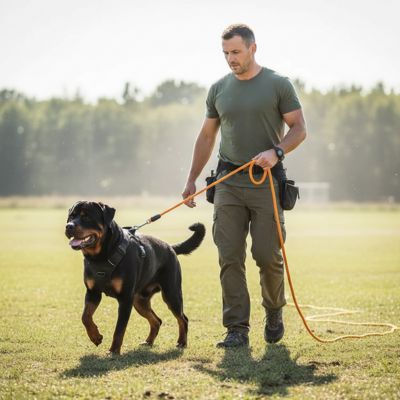 Rottweiler avec harnais guidé par un homme tenant une longe pour chien orange.