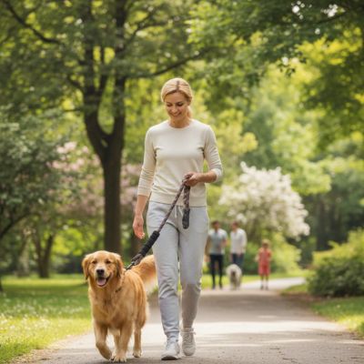 Femme marchant dans un parc avec son Golden Retriever tenu par une longe pour chien robuste.