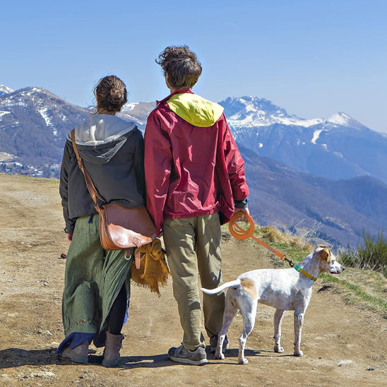 Couple en randonnée tenant une longe pour chien orange face à un panorama de montagnes enneigées.