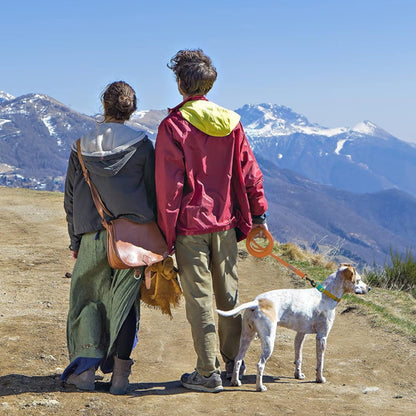 Couple en randonnée tenant une longe pour chien orange face à un panorama de montagnes enneigées.
