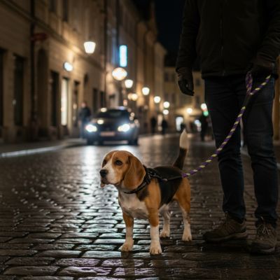 Beagle en ville la nuit tenu avec une longe pour chien réfléchissante pour la sécurité.