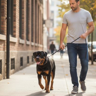 Rottweiler marchant en ville avec son maître tenant une longe pour chien en cuir noir tressé.