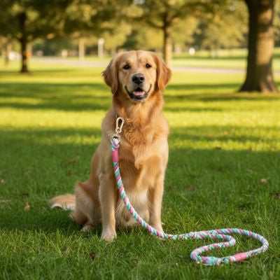 Longe pour chien tricolore rose, bleu et blanc portée par un Golden Retriever dans l'herbe.