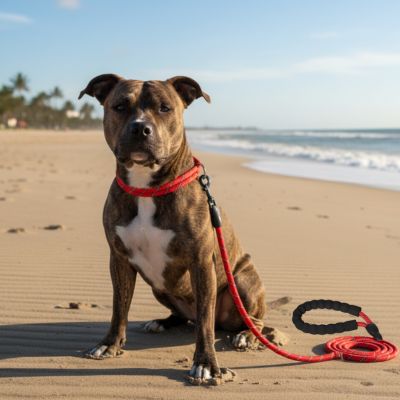 Longe pour chien rouge réfléchissante avec poignée mousse portée par un Pitbull sur la plage.