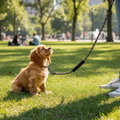 Chiot Cavalier King Charles assis sur l'herbe avec une longe pour chien tressée marron.