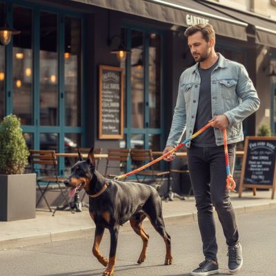 Homme devant un café avec un Doberman tenu par une longe pour chien robuste aux tons chauds.