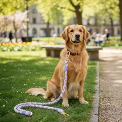 Golden Retriever assis dans un parc avec une longe pour chien coloris violet et blanc.