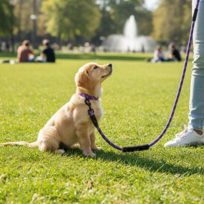 Chiot Golden Retriever assis de profil avec une longe pour chien violette dans un parc.