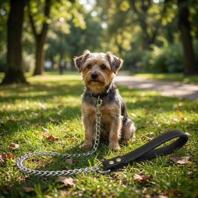 Yorkshire Terrier assis dans un parc attaché à une longe pour petit chien en métal argenté.