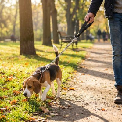 Beagle reniflant le sol en forêt, guidé par une longe pour petit chien en métal argenté.