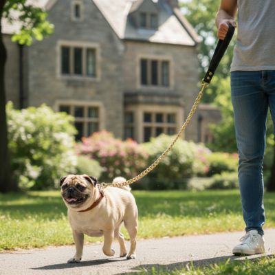 Chien Carlin devant une bâtisse en pierre avec une longe pour petit chien en maille dorée.