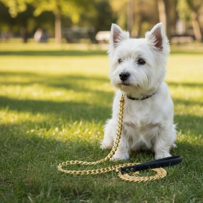Chien Westie assis sur l'herbe avec une longe pour petit chien en chaîne dorée.