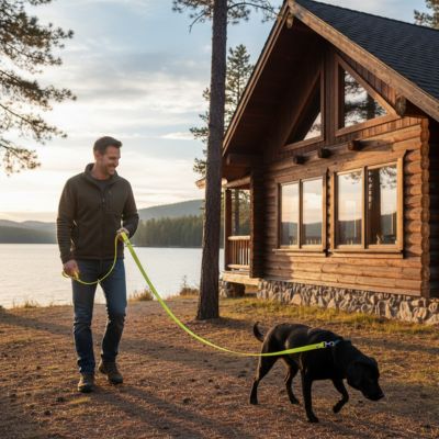 Labrador noir devant un chalet avec une longe pour petit chien jaune fluo.