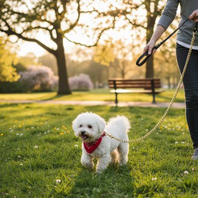 Petit chien blanc à bandana rouge gambadant avec une longe pour petit chien dorée.