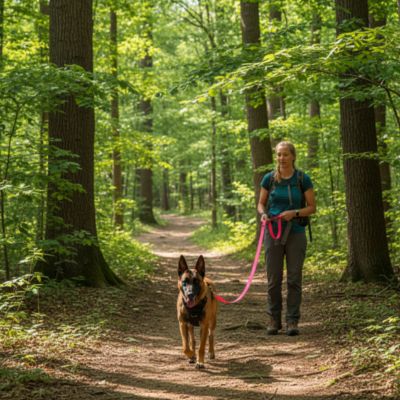 Femme et Malinois en forêt utilisant une longe pour petit chien rose vif.