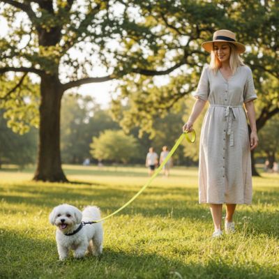 Bichon marchant dans un parc avec sa longe pour petit chien jaune fluo.
