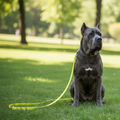 Cane Corso bleu assis dans l'herbe avec une longe pour petit chien jaune fluo.