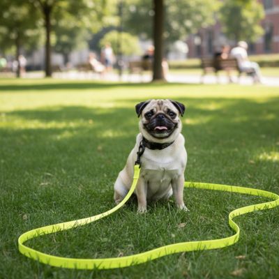 Carlin assis sur l'herbe avec une longe pour petit chien jaune fluo.