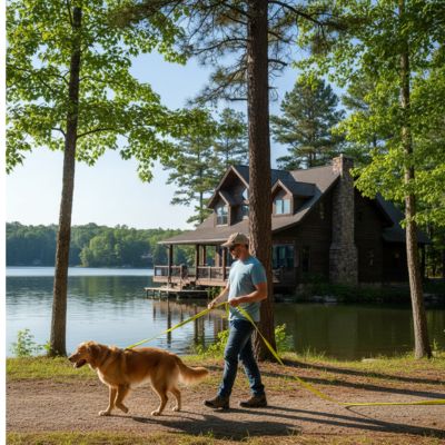 Homme marchant près d'un lac avec un Golden Retriever et longe pour petit chien jaune.