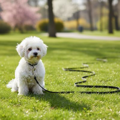 Bichon frisé blanc assis dans un parc avec une longe pour petit chien noire.