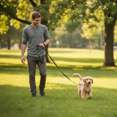 Homme promenant un chiot Golden avec sa longe pour petit chien noire.