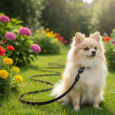 Spitz assis dans un jardin fleuri avec sa longe pour petit chien noire.