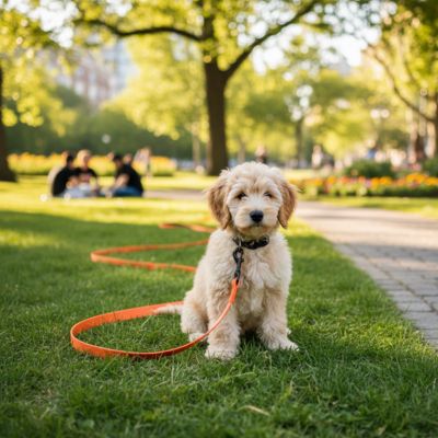 Chiot Golden Retriever au parc avec une longe pour petit chien orange.