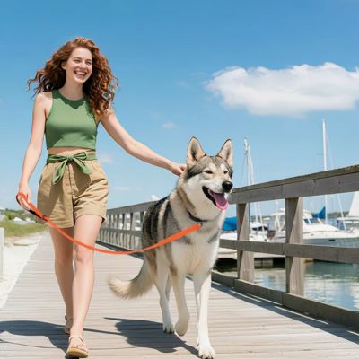 Femme sur un ponton avec un chien type Husky et sa longe pour petit chien.