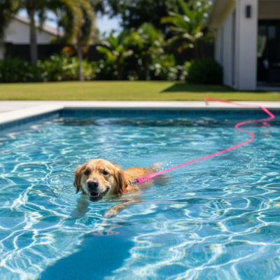 Golden Retriever assis sur la pelouse avec une longe pour petit chien rose.