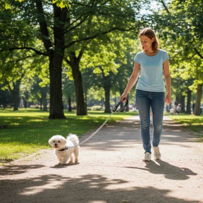 Femme marchant avec un Bichon frisé tenu par une longe pour petit chien argentée en chaîne.
