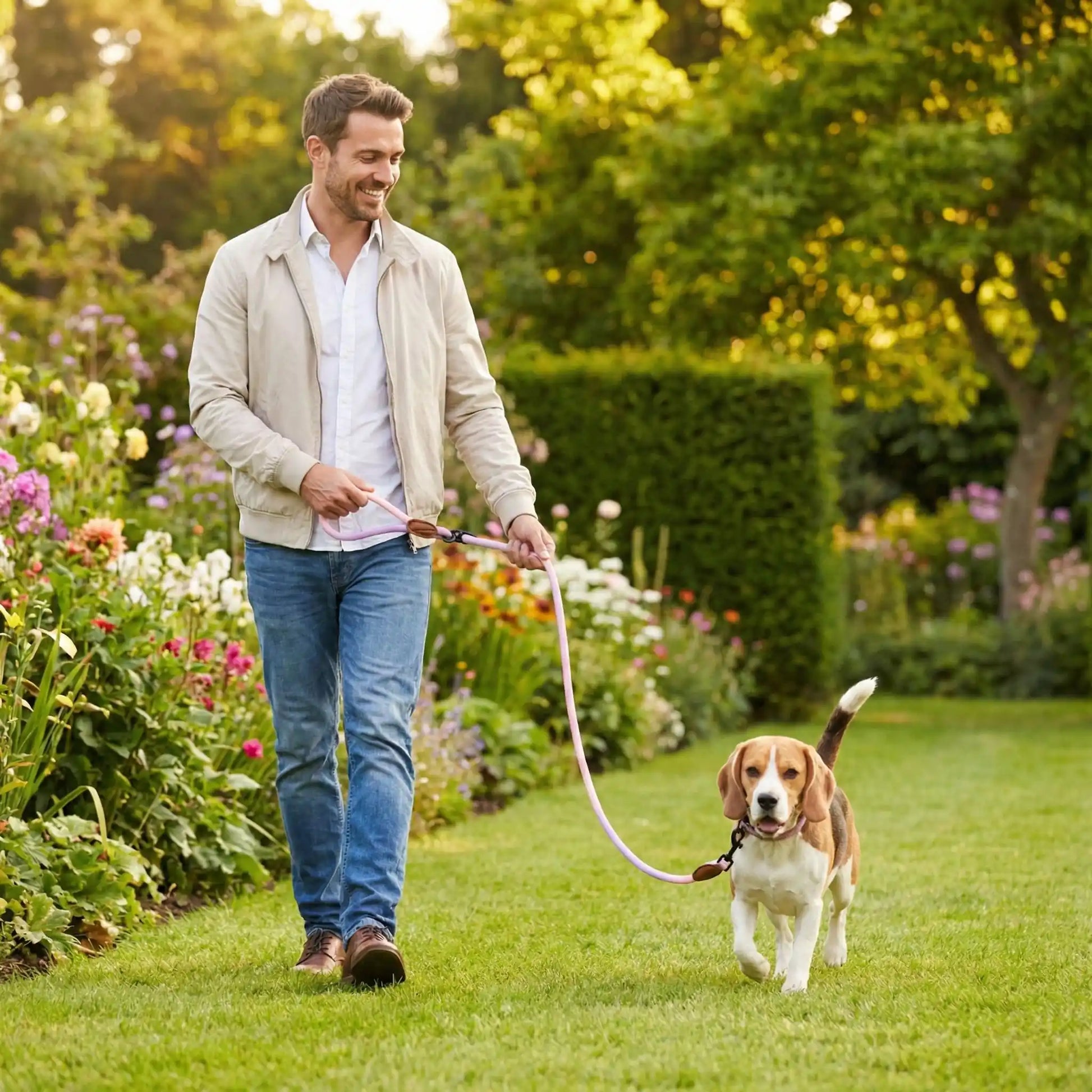 Homme en extérieur tenant une longe pour petit chien rose clair attachée à un Beagle.