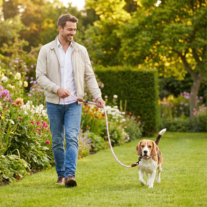 Homme en extérieur tenant une longe pour petit chien rose clair attachée à un Beagle.