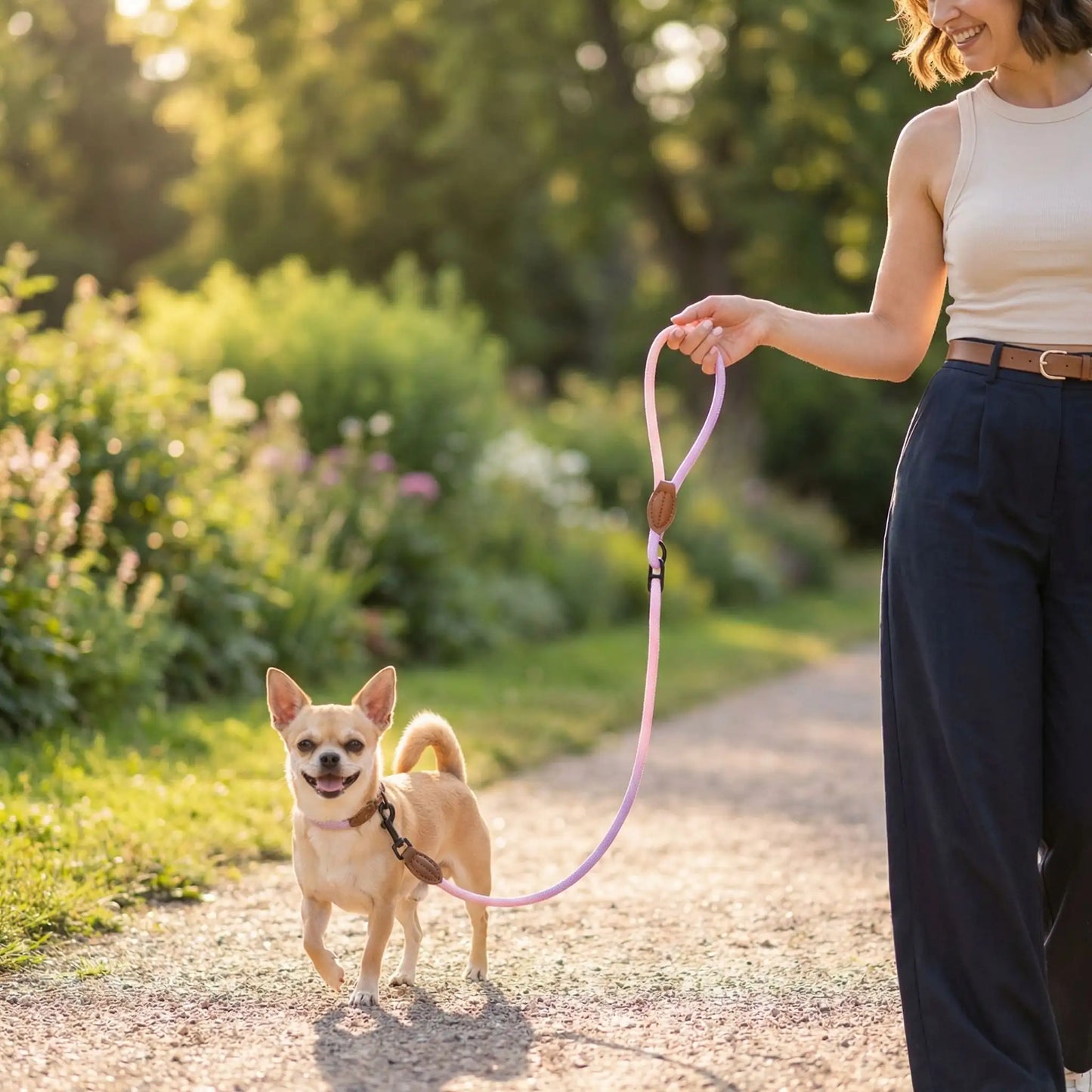 Femme tenant une longe pour petit chien rose pastel en marchant avec un Chihuahua.