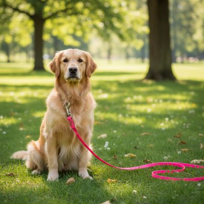 Golden Retriever assis sur la pelouse avec une longe pour petit chien rose.