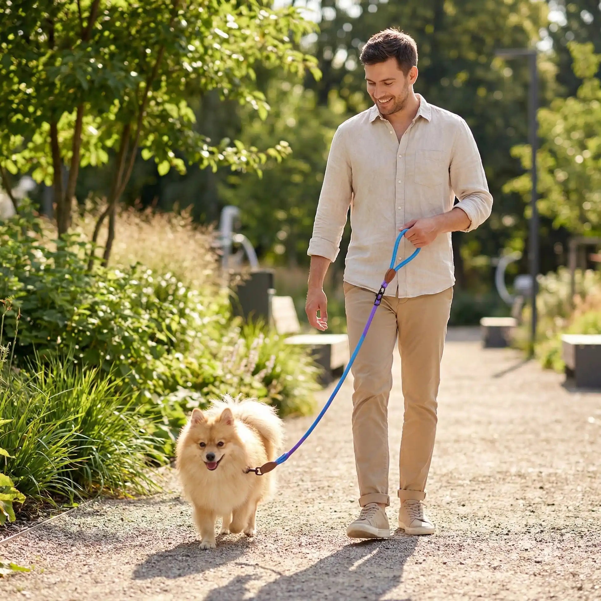 Homme utilisant une longe pour petit chien violette et bleue avec un Spitz Allemand au parc.